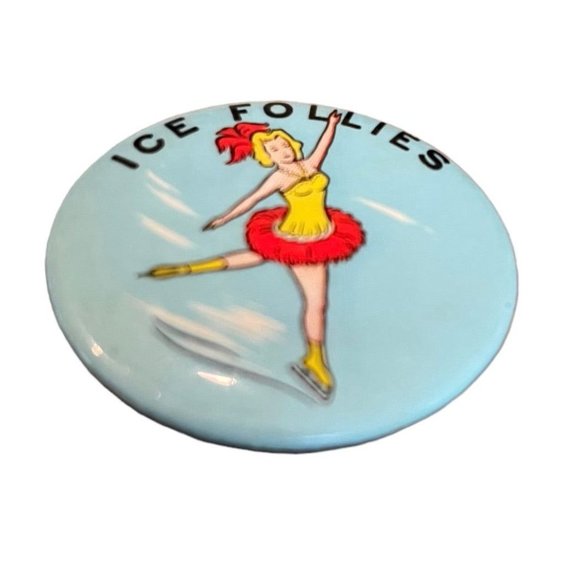 Vintage 1950s Ice Follies Extended Pinback Ice Skater Blue 1.75" Diameter - Picture 5 of 7